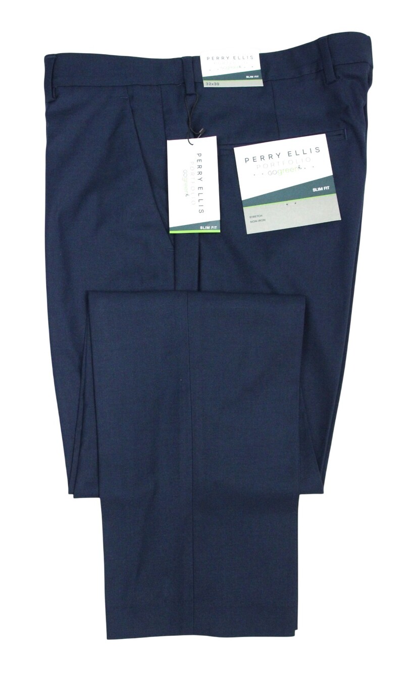 Perry Ellis Portfolio Essentials Pants Mens 32x30 Navy Slim Fit Stretch Non Iron